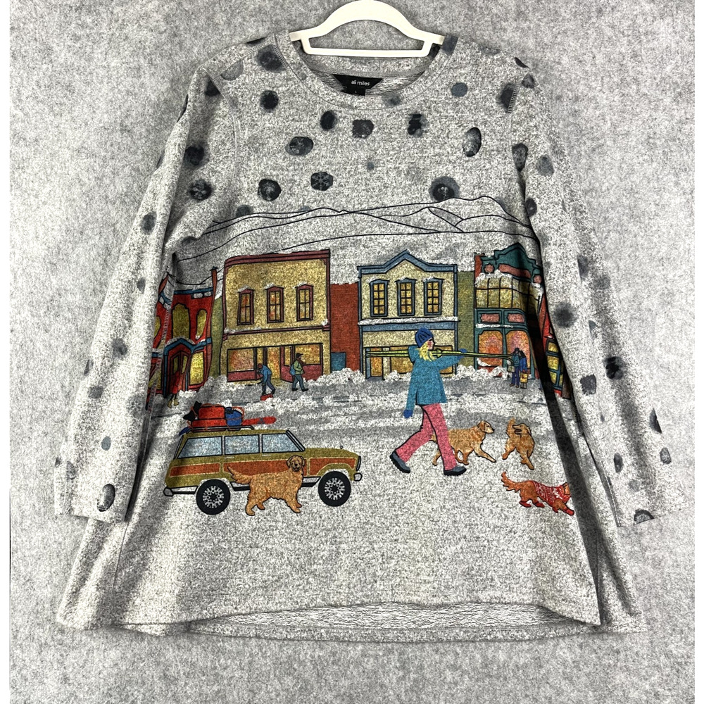 Ali Miles Tunic Top Womens Large Knit Winter Dog Ski Snow Town Holiday Artsy